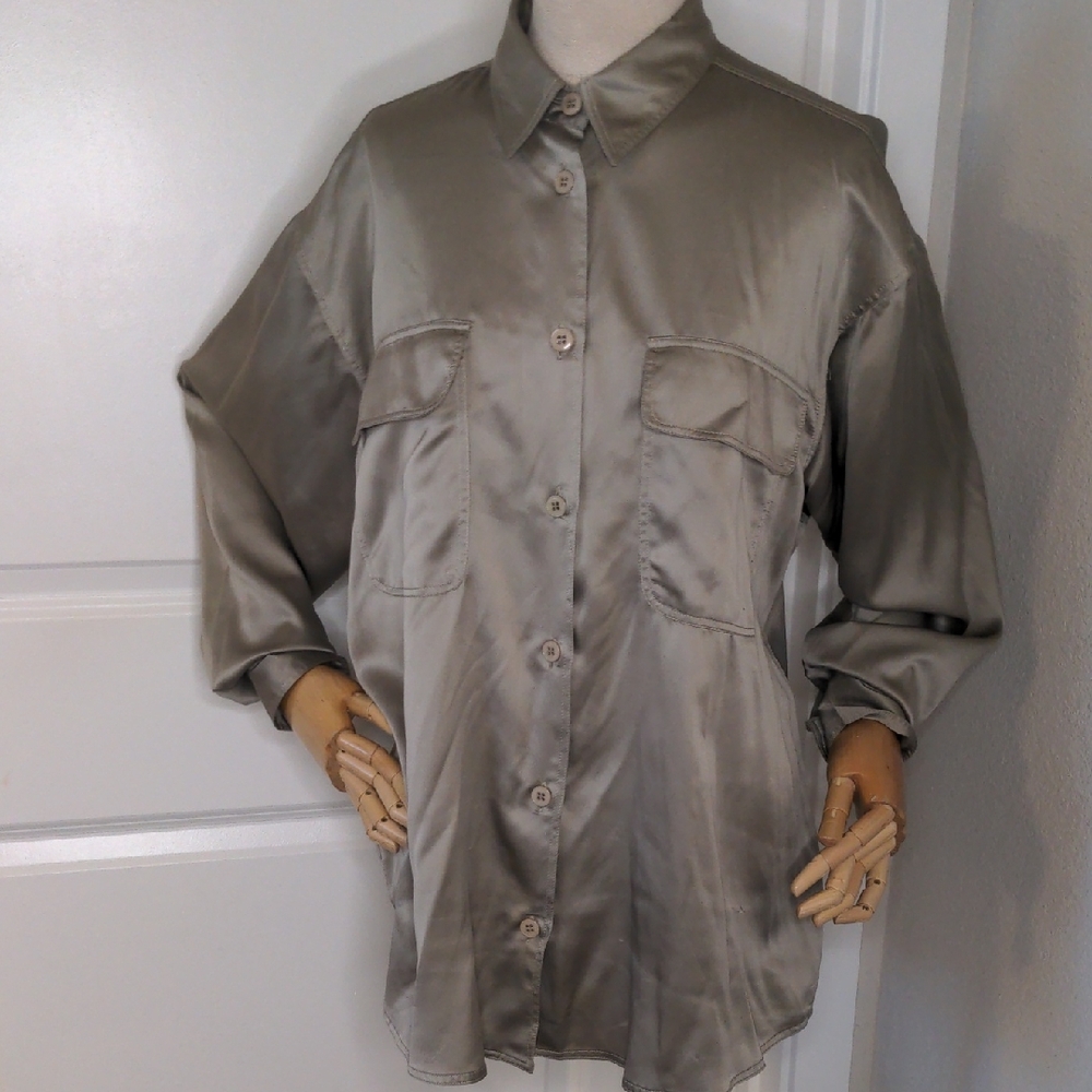 Vintage 80s Ferretti Jeansphilosophy Silk Blouse Taupe Long Sleeve Top SZ 10